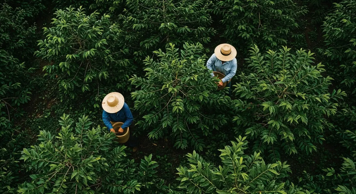 Kaffeeernte auf einer üppig bewachsenen Plantage